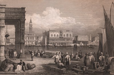 Vista da Bacia de Saint Mark em Veneza, Veneto, Itália, gravura em aço após desenho de Samuel Prout (1783-1852), cerca de 15x11,5 cm de Samuel Prout