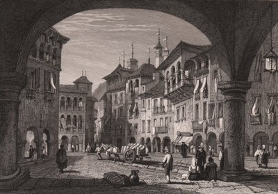 Vista da praça do mercado em Domodossola, Piemonte, Itália, gravura em aço a partir de um desenho de Samuel Prout (1783-1852), cerca de 16x11 cm de Samuel Prout