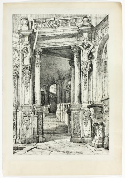 Palácio Zwinger, Dresden, a partir de fac-símiles de esboços feitos na Flandres e na Alemanha de Samuel Prout