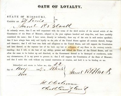 Juramento de lealdade de Samuel R. Black of Missouri, Condado de St. Louis de Samuel R. Black