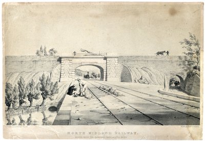 Ponte ferroviária de North Midland sob o canal de Cromford em Bull Bridge, c1840 (litografia colorida sobre papel) de Samuel Russell