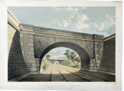 Caminhos-de-ferro de North Midland. Vista da ponte de New Street, etc., em Belper, virada para sul, c.1840 (litografia colorida à mão sobre papel) de Samuel Russell