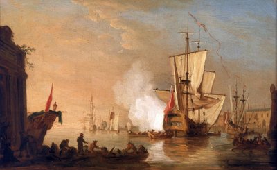Navio de guerra britânico dispara o canhão para saudar, à chegada ao porto, cujos edifícios evocam um porto do Mar Mediterrâneo. Óleo sobre tela, cerca de 1765, de Samuel Scott (1702-1772). de Samuel Scott