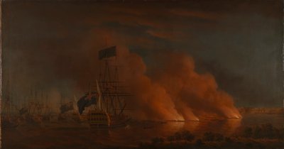 Navios de combate franceses atacam a frota britânica ao largo do Quebeque, 28 de junho de 1759 de Samuel Scott