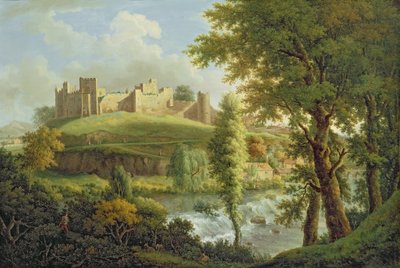 Castelo de Ludlow com Dinham Weir, do sudoeste, c.1765-69 (óleo sobre tela) de Samuel Scott