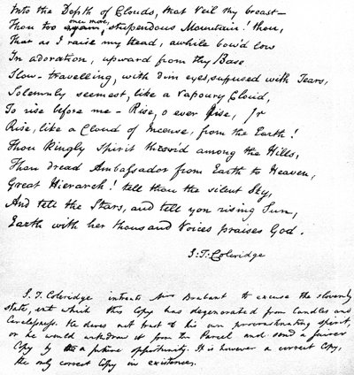 As últimas linhas do poema Coleridges Hymn Before Sunrise no Vale de Chamouny, escritas na própria caligrafía dos poetas e enviadas em uma carta a Mrs. Brabant de Devizes, 1815 de Samuel Taylor Coleridge