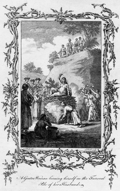 Uma mulher do Gentoo queimando-se na pilha fúnebre de seu marido, século XVIII. de Samuel Wale