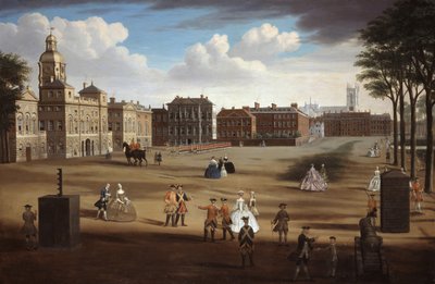 Uma vista da frente oeste dos guardas de cavalo com o Tesouro e Downing Street além, c.1758 de Samuel Wale
