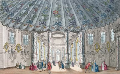 Vista interior da elegante sala de música em Vauxhall Gardens, gravada por H. Roberts, 1752 (gravura colorida à mão) de Samuel Wale