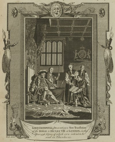 Lorde Cromwell apresenta uma nova tradução da Bíblia ao rei Henrique VIII em Londres no ano de 1538 de Samuel Wale
