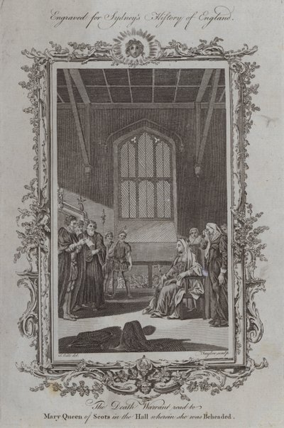 A sentença de morte lida para Maria, rainha da Escócia, no salão onde ela foi decapitada de Samuel Wale