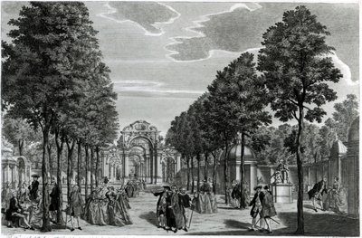 Os arcos triunfal, a estátua de Handel na Calçada Sul dos Jardins Vauxhall, gravada por John S. Muller (gravura e gravação colorida à mão) de Samuel Wale