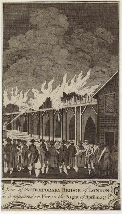 Vista da ponte temporária de Londres como apareceu em chamas na noite de 11 de abril de 1758 de Samuel Wale