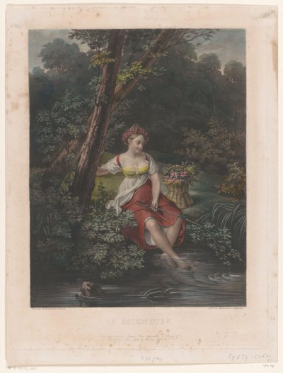Jovem com coroa de flores e pés na água La Baigneuse (título no objeto) de Samuel William Reynolds (I)