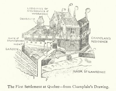 O primeiro assentamento francês no Quebec, no início do século XVII (litho) de Samuel de Champlain