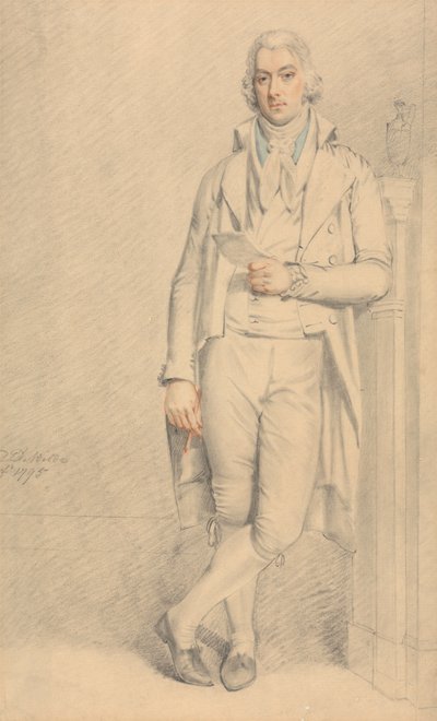Um cavalheiro, a todo o comprimento, segurando um papel e um lápis de Samuel de Wilde