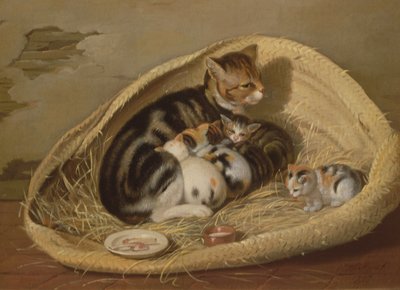 Gato com seus gatinhos em uma cesta, 1797 de Samuel de Wilde