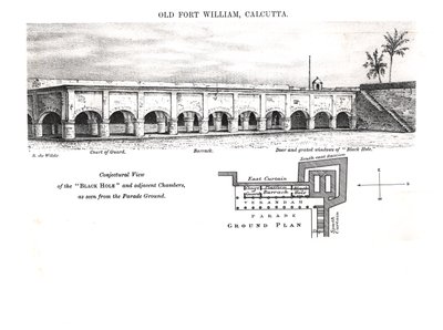 Old Fort William, Calcutta, com uma visão conjetural do "Buraco Negro" e câmaras adjacentes vistas da parada de Samuel de Wilde