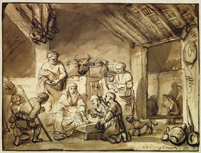 A Adoração dos Pastores (caneta e tinta lavam giz preto sobre papel) de Samuel van Hoogstraten