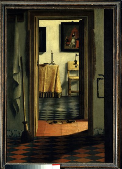 Os chinelos Um interior de casa na Holanda - Pintura de Samuel Hoogstraten (1626-1678) (ec flam) Século XVII Sol 1,03x0,70 m Paris, Musee du Louvre de Samuel van Hoogstraten