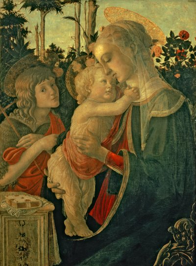 Madonna e criança com São João Batista (óleo no painel) (para detalhes, ver 93885, 93887) de Sandro Botticelli