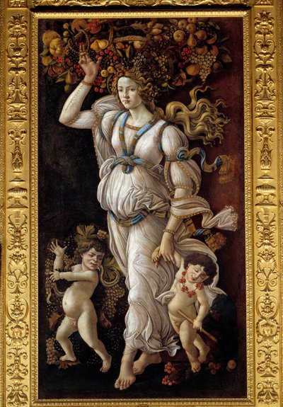 Outono ou alegoria contra o abuso do vinho Uma jovem mulher carregando na cabeça uma cesta cheia de frutas representando abundância e arrastando à mão duas criancinhas bêbadas (bacchus). Pintura de Alessandro di Mariano dei Filipepi dit Sandro Botticelli ( de Sandro Botticelli