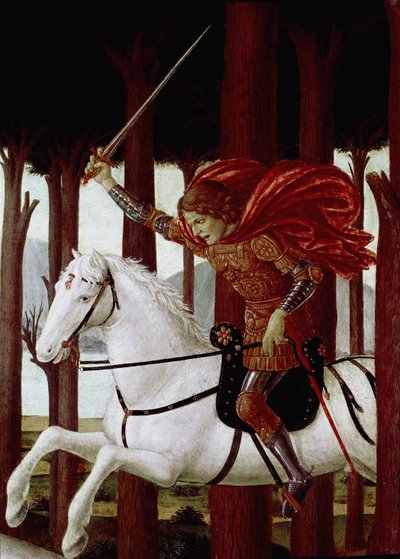 História de Nastagio degli Onesti: Encontro com os Malditos na Floresta dos Pinheiros (de uma novela de Decameron de Boccaccio) (óleo sobre painel de Sandro Botticelli