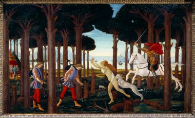 História de Nastagio degli Onesti: Encontro com a represa do pinhal, primeiro painel de uma série de quatro: Nastagio, infeliz no amor, assiste à perseguição de uma jovem mulher por um cavaleiro cujo amor ela não compartilha, ela vai acabar com cães. De um de Sandro Botticelli