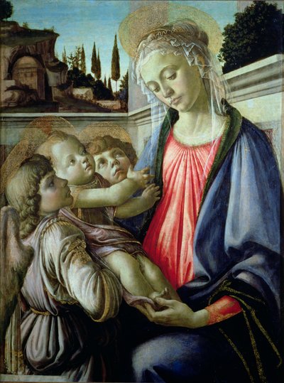 Madonna e criança com anjos (tempera no painel) de Sandro Botticelli