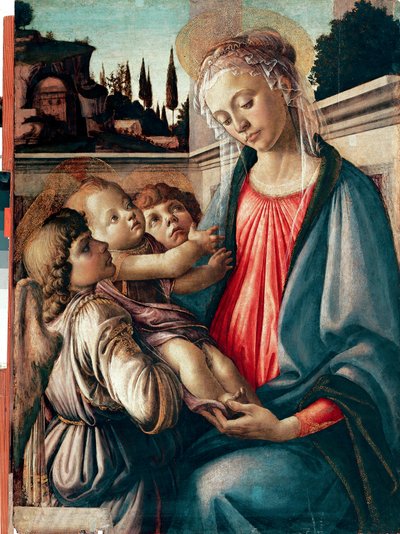 Madonna has Child with Two Angels Detrempe on Wood by Sandro Filipepi dit Botticelli (1445-1510) 1468-1469 Dim. 100x71 cm Nápoles, Galleria Nazionali di Capodimonte - Madonna e Criança com Dois Anjos, de Sandro Filipepi a.k.a Botticelli (1445-1510). Temper de Sandro Botticelli