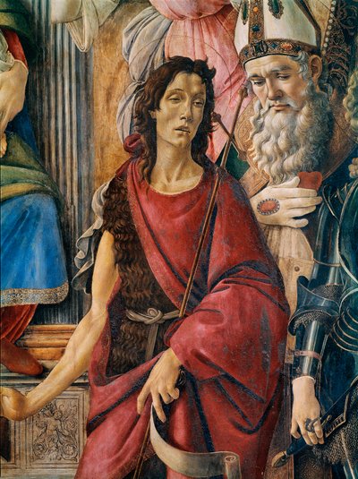 Pala di San Barnaba (Altarpiece of St. Barnaba): Nossa Senhora tem um filho com Santa Catarina de Alexandria, Santo Agostinho, São Barnabé e São João Baptista, Santo Inácio de Antioquia e o Arcanjo São Miguel. Detalhe mostrando São João Ba de Sandro Botticelli
