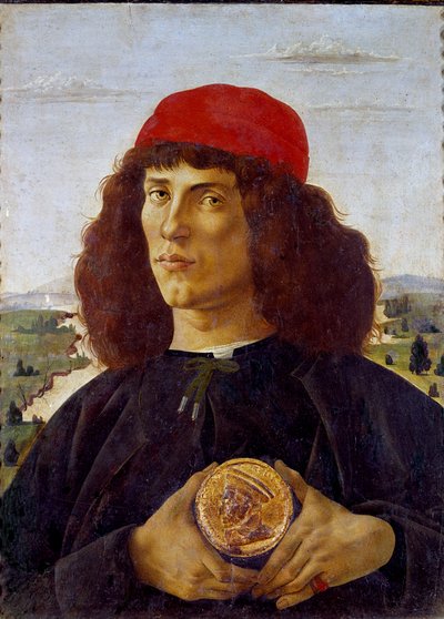 Retrato de um homem desconhecido com a medalha de Cosimo de Medicis (Cosimo de Medici). Pintura de Alessandro di Mariano dei Filipepi dit Sandro Botticelli (1445-1510). Tempera sobre tela, 57,5 x 44 cm de Sandro Botticelli