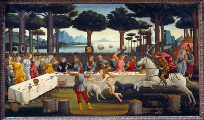 A história de Nastagio degli Onesti: Banquete no pinhal, terceiro painel de uma série de quatro: Nastagio, infeliz de amor, convida a mulher que ama e sua família tem um banquete para mostrar-lhes o epílogo de uma história semelhante à sua entre um cavalei de Sandro Botticelli