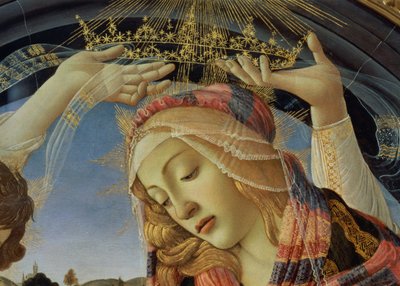 A Madona do Magnificat, detalhe do rosto e da coroa da Virgem de Sandro Botticelli