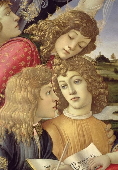 A Virgem do Magnificat, detalhe de três rapazes de Sandro Botticelli