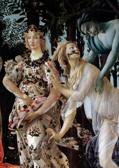 A mola. Pormenores: Zephyr a agarrar a ninfa Chloris usando um véu transparente e Flora no seu vestido floral (Pintura de Sandro Botticelli