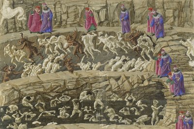 Canto XVIII, parte do oitavo círculo do inferno, ilustração de Dante "s" Inferno ", c.1485 de Sandro Botticelli