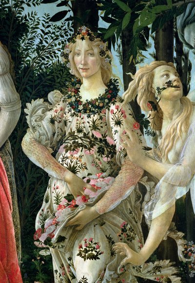 Detalhe da Flora como a Hora da Primavera, da tempera Primavera no detalhe do painel de 558 de Sandro Botticelli