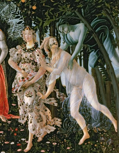 Detalhe de Zéfiro e Flora como a Hora da Primavera, da tempera Primavera no detalhe do painel de 558 de Sandro Botticelli