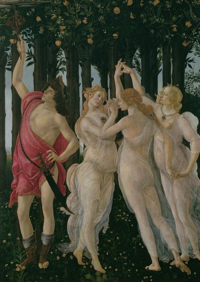 Detalhe das Três Graças e Mercúrio, da tempera Primavera no detalhe do painel de 558 de Sandro Botticelli