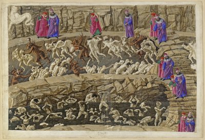 A Divina Comédia, Inferno XVIII. Virgílio e Dante no oitavo círculo do Inferno (Malebolge), 1.ª e 2.ª Bolgia: castigo dos alcoviteiros e sedutores, dos bajuladores e das prostitutas de Sandro Botticelli