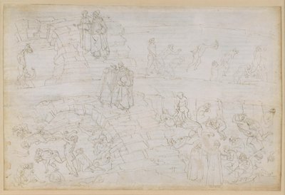 A Divina Comédia, Inferno XXIX. Virgílio e Dante no oitavo círculo do Inferno (Malebolge), 10.ª Bolgia: Castigo dos falsificadores e dos alquimistas de Sandro Botticelli