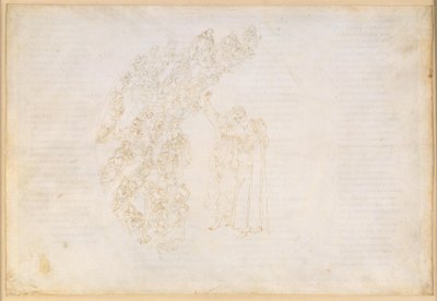 A Divina Comédia, Paraíso III. Primeira esfera planetária (céu lunar): aparição das almas que outrora foram impedidas de cumprir um voto; conversa de Dante com Piccarda Donati de Sandro Botticelli
