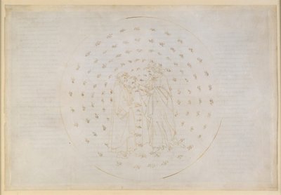 A Divina Comédia, Paraíso VII. Segunda esfera planetária (Céu de Mercúrio): Beatriz introduz Dante às complexas questões da justiça divina, bem como da culpa original do ser humano e da redenção através da morte de Cristo de Sandro Botticelli