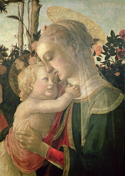 Madonna e criança com São João Batista, detalhe do óleo de Madonna e criança no detalhe do painel de 93886 de Sandro Botticelli