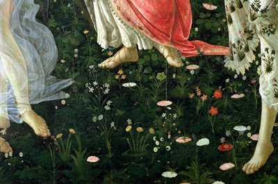 Primavera: detalhe de têmpera de flores no painel de Sandro Botticelli