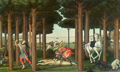 O Desapontamento da Mulher Perseguido: Cena II da História de Nastagio degli Onesti, c.1483 (têmpera no painel) de Sandro Botticelli