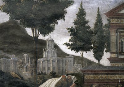 A Purificação do Leproso e a Tentação de Cristo, na Capela Sistina: detalhe de uma cidade imaginária em uma paisagem, 1481 afrescos de Sandro Botticelli