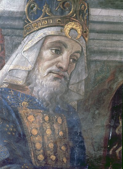 A Purificação do Leproso e a Tentação de Cristo, na Capela Sistina: detalhe da cabeça do sacerdote, 1481 afrescos de Sandro Botticelli