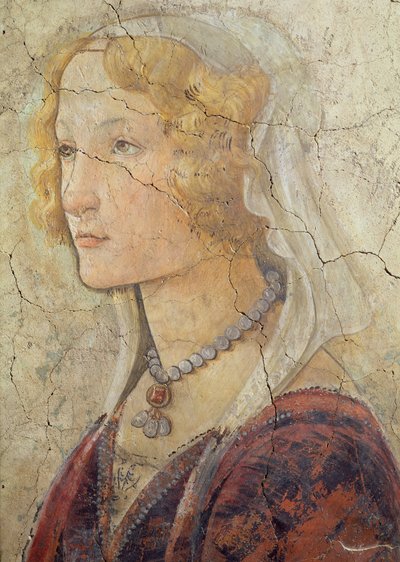 Venus e as três graças que oferecem presentes a uma menina, detalhe da cabeça das meninas, detalhe de 1486 afresco de 33760 veja igualmente 93892-93894 de Sandro Botticelli